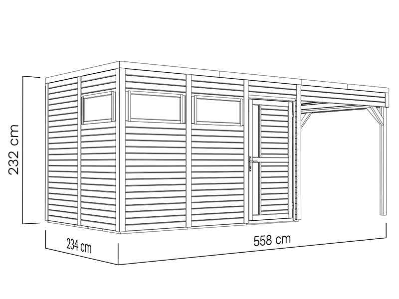 Redskapsbod i trä med överhäng, Bertilo Cubus 3L, 5,58x2,34x2,32m, 7,65m²+5,15m², Naturlig - Image 6
