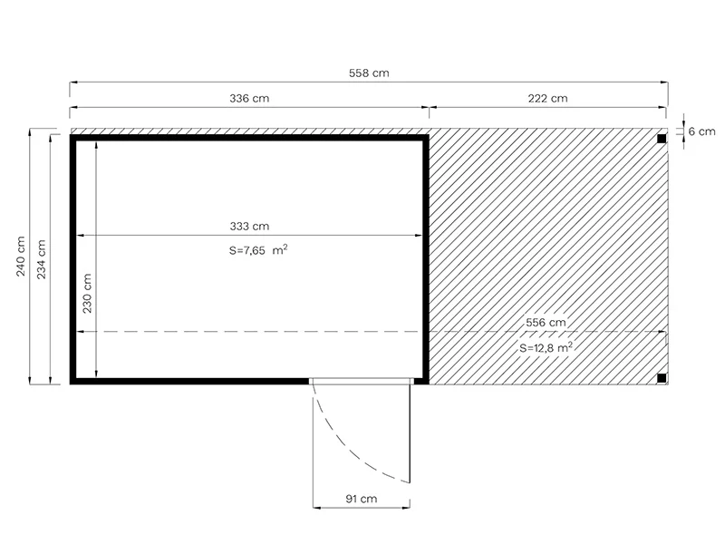 Redskapsbod i trä med överhäng, Bertilo Cubus 3L, 5,58x2,34x2,32m, 7,65m²+5,15m², Naturlig - Image 7