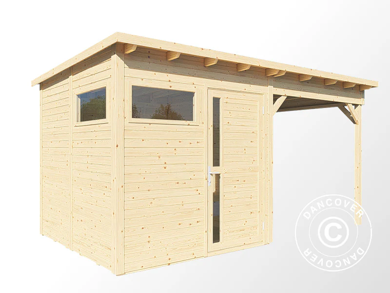Redskapsbod i trä med överhäng, Bertilo Pentus 2L, 4,49x2,34x2,33m, 5,1m²+5,1m², Natur - Image 3