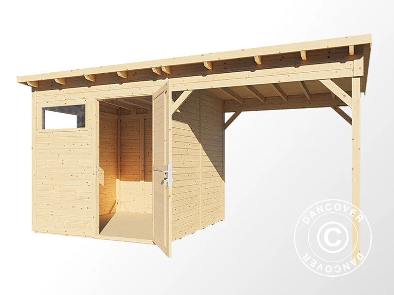 Redskapsbod i trä med överhäng, Bertilo Pentus 2L, 4,49x2,34x2,33m, 5,1m²+5,1m², Natur - Image 4
