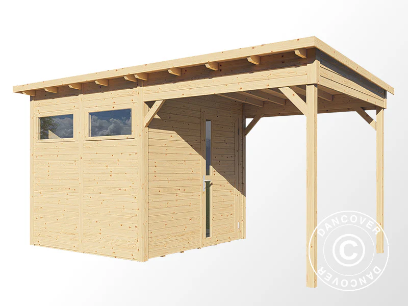 Redskapsbod i trä med överhäng, Bertilo Pentus 2L, 4,49x2,34x2,33m, 5,1m²+5,1m², Natur - Image 5