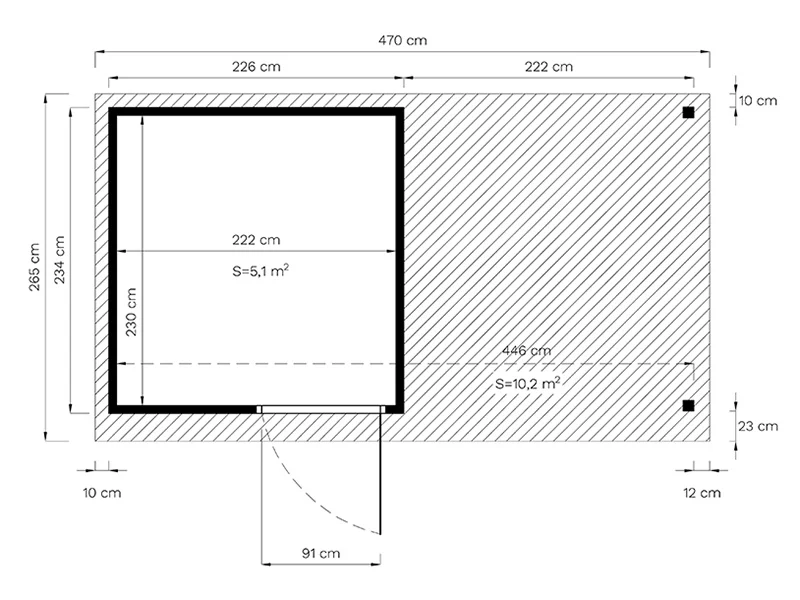 Redskapsbod i trä med överhäng, Bertilo Pentus 2L, 4,49x2,34x2,33m, 5,1m²+5,1m², Natur - Image 7
