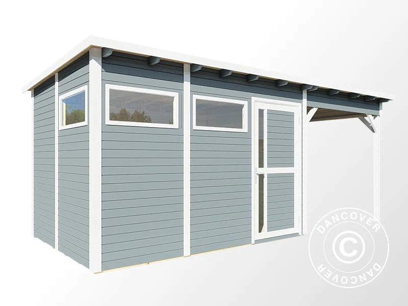 Redskapsbod i trä med överhäng, Bertilo Pentus 3L, 5,58x2,34x2,33m, 7,65m²+5,15m², Grå - Image 3