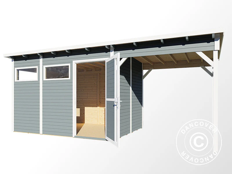 Redskapsbod i trä med överhäng, Bertilo Pentus 3L, 5,58x2,34x2,33m, 7,65m²+5,15m², Grå - Image 4