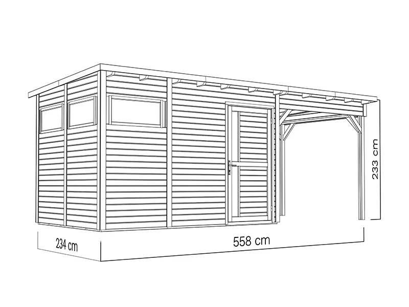 Redskapsbod i trä med överhäng, Bertilo Pentus 3L, 5,58x2,34x2,33m, 7,65m²+5,15m², Grå - Image 6