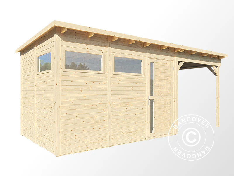 Redskapsbod i trä med överhäng, Bertilo Pentus 3L, 5,58x2,34x2,33m, 7,65m²+5,15m², Natur - Image 3