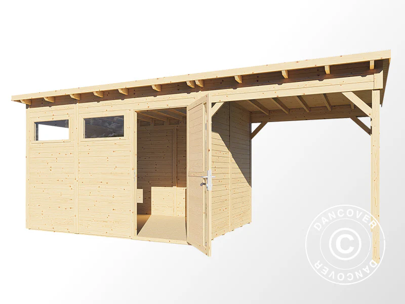 Redskapsbod i trä med överhäng, Bertilo Pentus 3L, 5,58x2,34x2,33m, 7,65m²+5,15m², Natur - Image 4