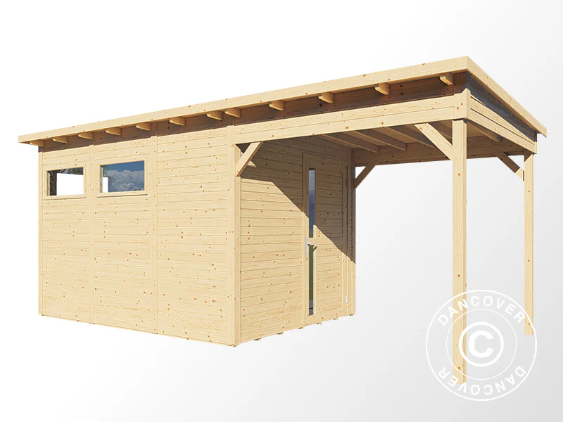 Redskapsbod i trä med överhäng, Bertilo Pentus 3L, 5,58x2,34x2,33m, 7,65m²+5,15m², Natur - Image 5