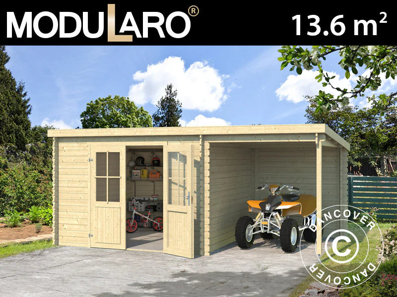 Redskapsbod i trä Tartu med överhäng 4,81x2,92x2,11m, 28mm, 13,6m², Naturlig