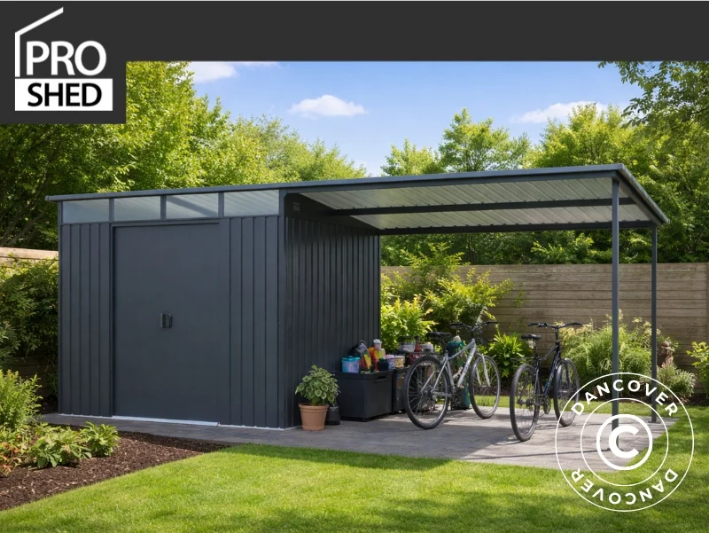 Redskapsbod med takfönster + utbyggnad, 4,74x1,93x2,02m, 9,15m², ProShed®, Antracit