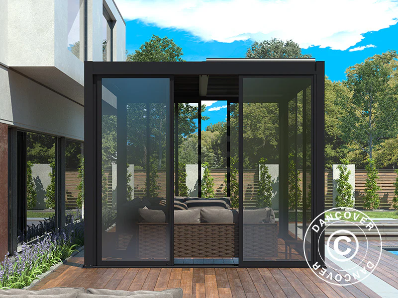 Skjutdörr set med glas för pergola San Pablo, 3m, Svart - Image 3