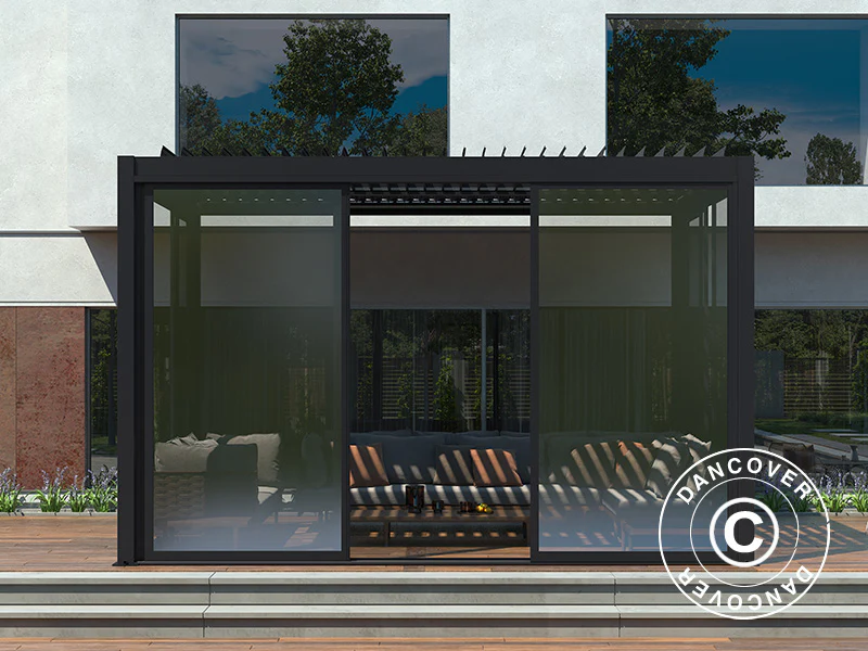 Skjutdörr set med glas för pergola San Pablo, 4m, Svart - Image 3