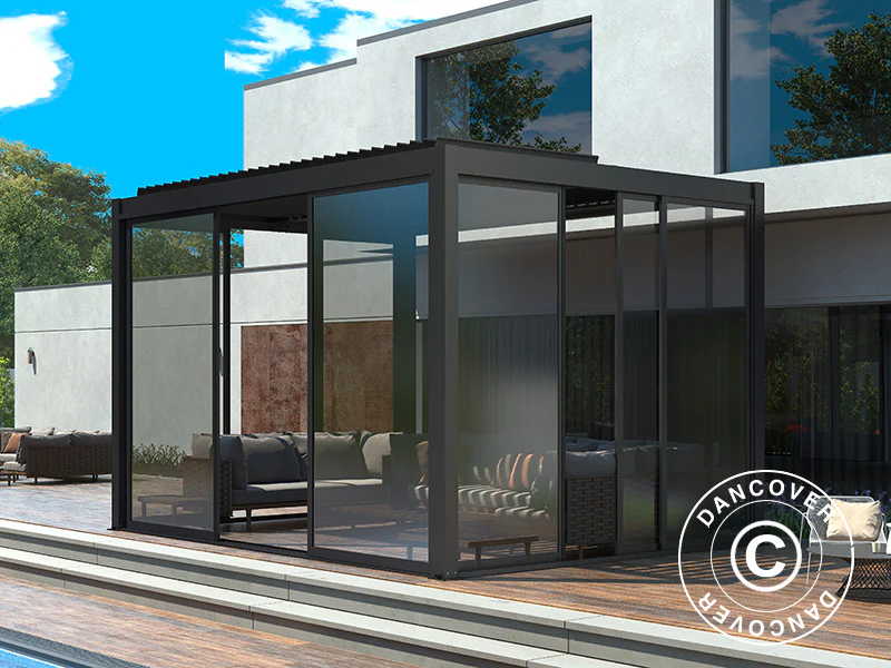 Skjutdörr set med glas för pergola San Pablo, 4m, Svart - Image 5