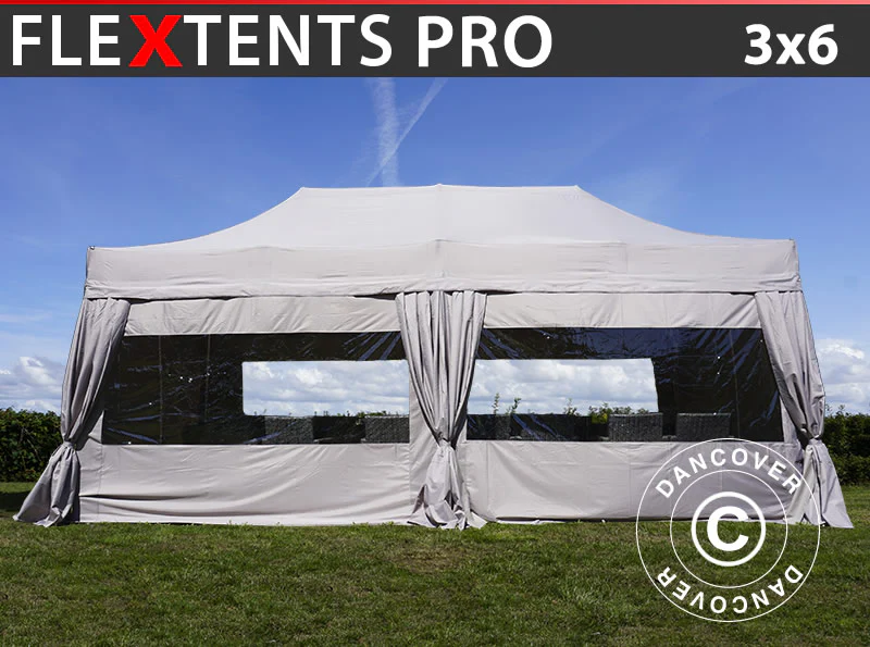 Snabbtält FleXtents PRO 3x6m Latte, inkl. 6 sider & dekorativa gardiner