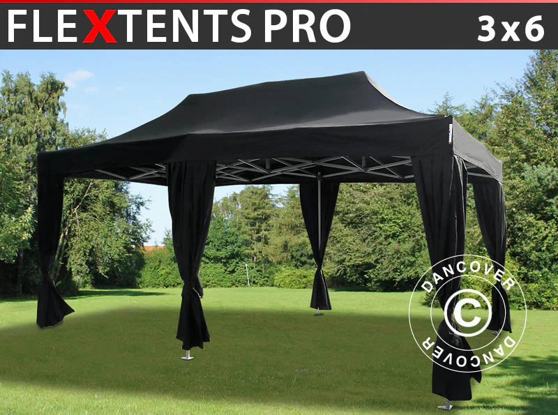 Snabbtält FleXtents PRO 3x6m Svart, inkl. 6 dekorativa gardiner