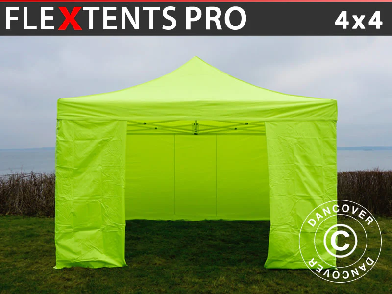Snabbtält FleXtents PRO 4x4m Neongul/grön, inkl. 4 sidor