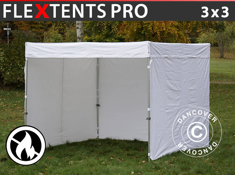 Snabbtält FleXtents® PRO Exhibition med sidoväggar, 3x3m, Vit, Flamhämmande