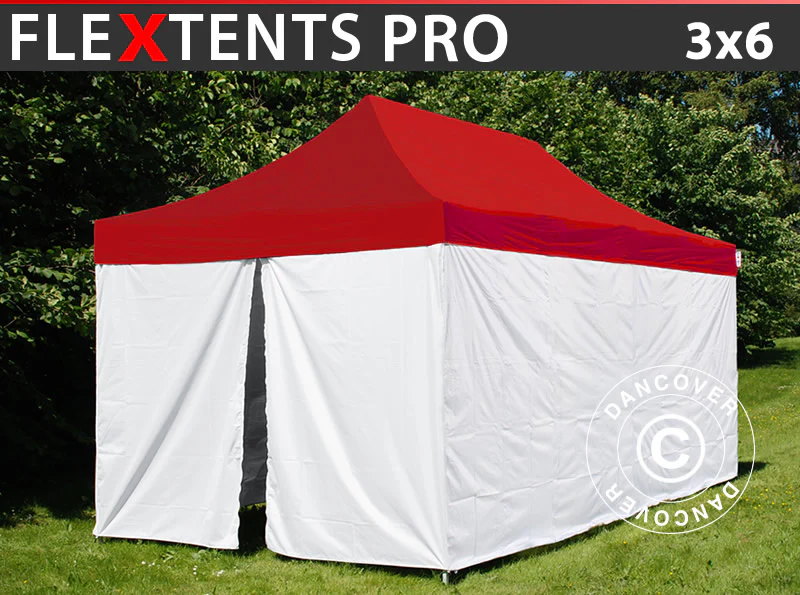 Snabbtält FleXtents® PRO, Medicinskt & Nödsituationstält, 3x6m, Röd/Vit, inkl. 6 sidoväggar