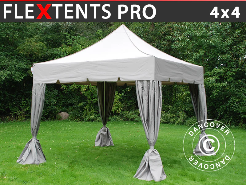 Snabbtält FleXtents PRO "Peaked" 4x4m Latte, inkl. 4 dekorativa gardiner