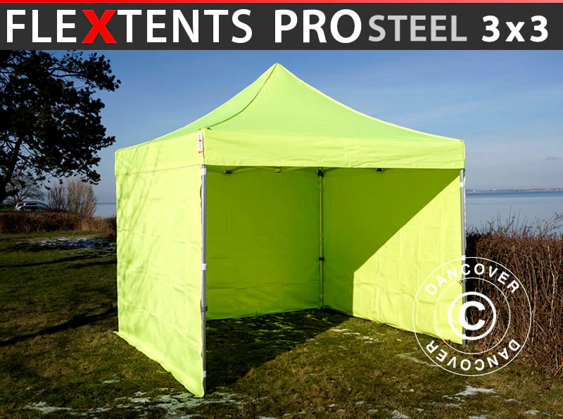 Snabbtält FleXtents PRO Steel 3x3m Neongul/grön, inkl. 4 sidor BARA 4 ST. KVAR