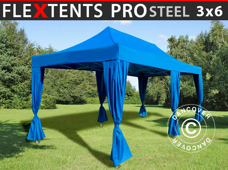 Snabbtält FleXtents PRO Steel 3x6m Blå, inkl. 6 dekorativa gardiner