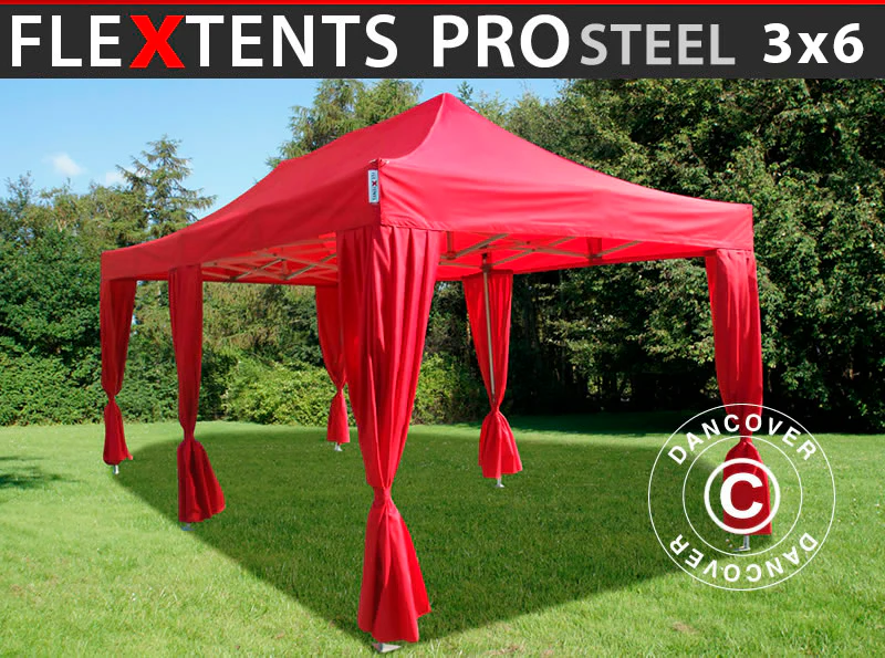Snabbtält FleXtents PRO Steel 3x6m Röd, inkl. 6 dekorativa gardiner