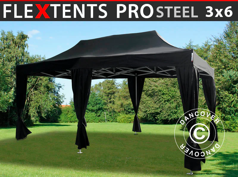 Snabbtält FleXtents PRO Steel 3x6m Svart, inkl. 6 dekorativa gardiner