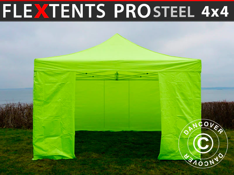 Snabbtält FleXtents PRO Steel 4x4m Neongul/grön, inkl. 4 sidor