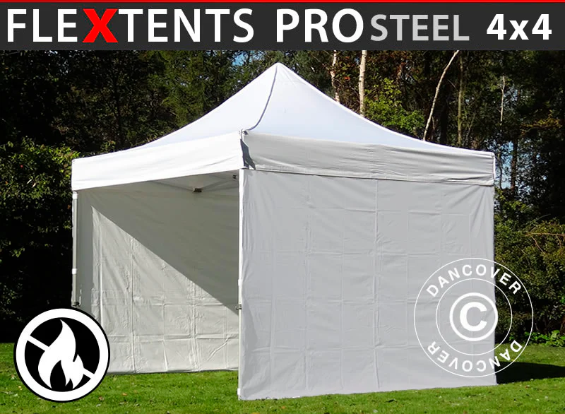 Snabbtält FleXtents PRO Steel 4x4m Vit, Flamhämmande, inkl. 4 sidor