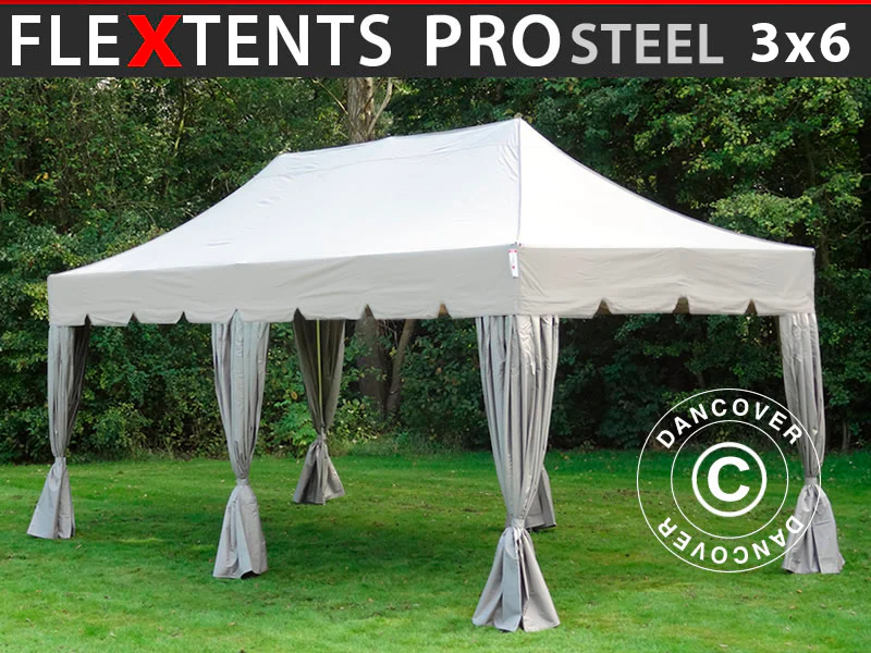 Snabbtält FleXtents PRO Steel "Peaked" 3x6m Latte, inkl. 6 dekorativa gardiner