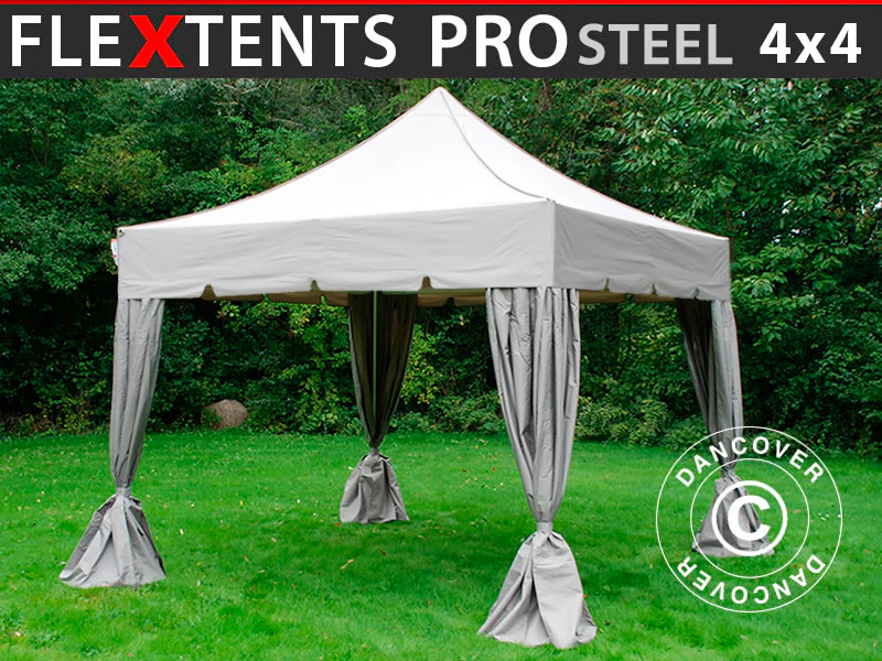 Snabbtält FleXtents PRO Steel "Peaked" 4x4m Latte, inkl. 4 dekorativa gardiner