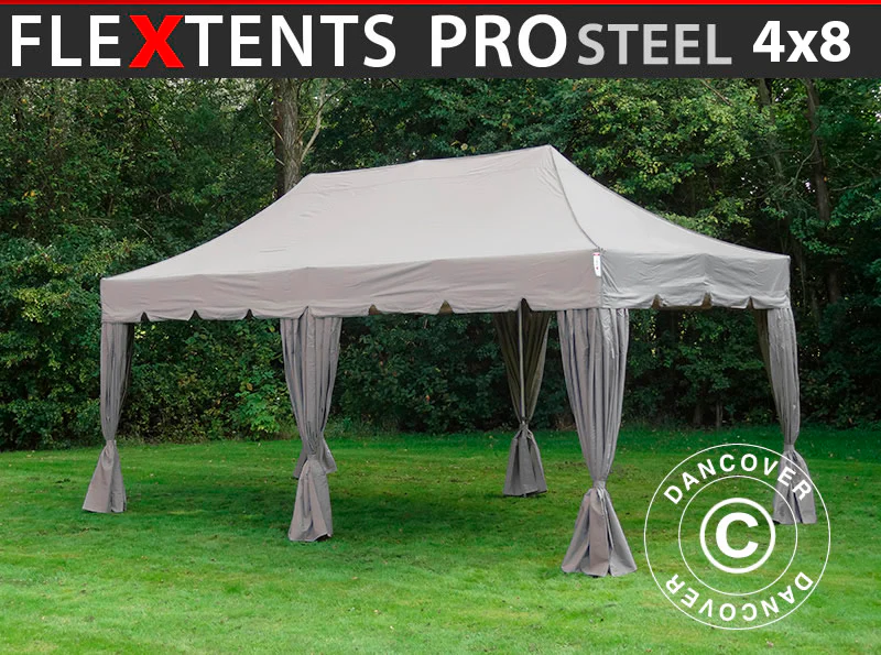Snabbtält FleXtents PRO Steel "Peaked" 4x8m Latte, inkl. 6 dekorativa gardiner