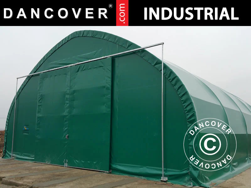 Tälthall, rundbågehall 9x15x4,42m med skjutport, PVC, Grön - Image 3