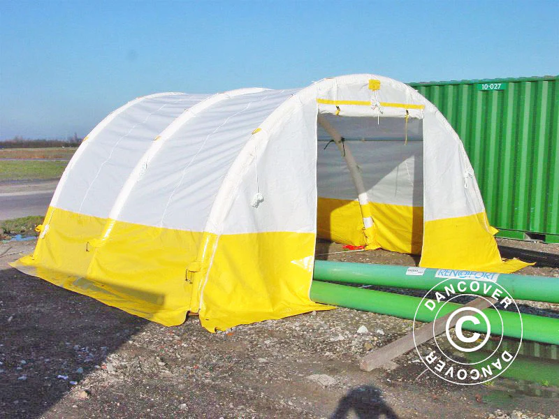 Uppblåsbar arbetstält bågformat FleXshelter PRO, 4x4m, Vit/Gul