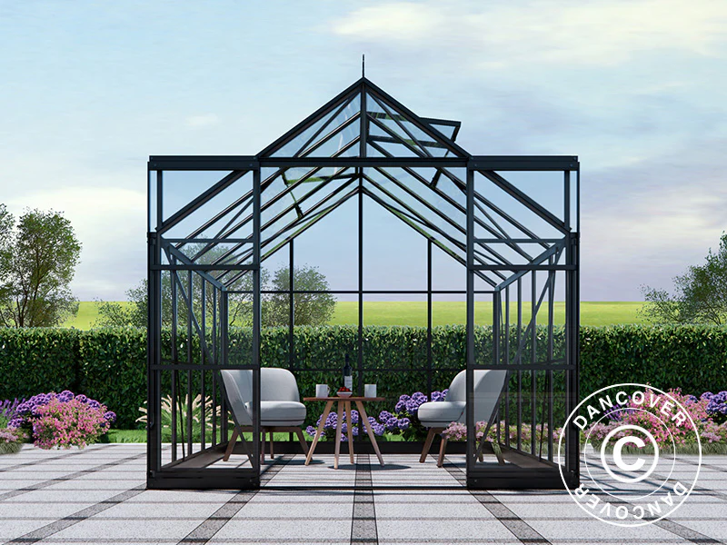 Växthus glas 2,44x3,08x2,34m med bas och takdekoration, 7,51m², Svart - Image 4