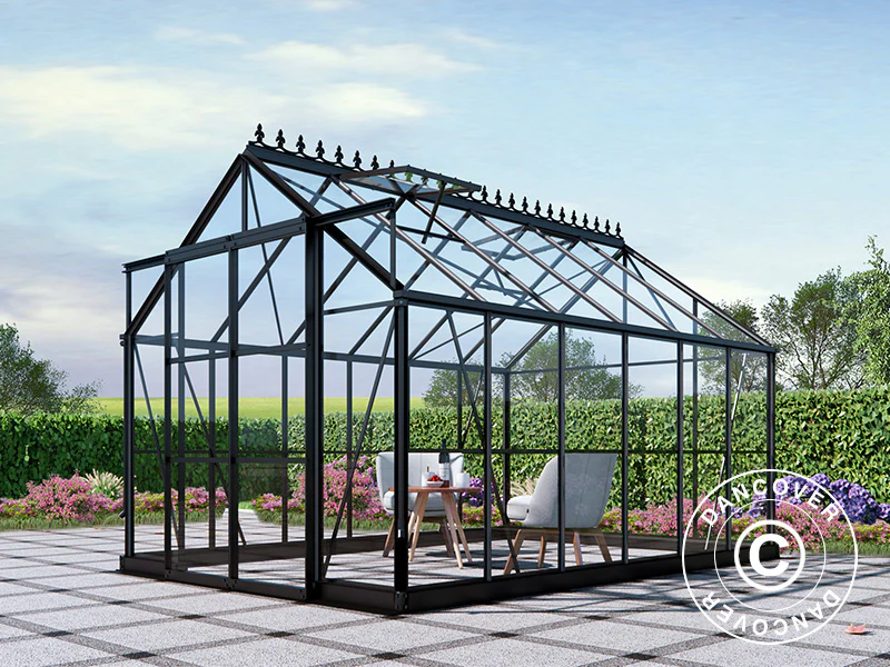 Växthus glas 2,44x3,68x2,34m med bas och takdekoration, 8,97m², Svart - Image 3