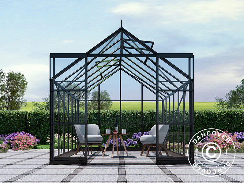 Växthus glas 2,44x3,68x2,34m med bas och takdekoration, 8,97m², Svart - Image 4