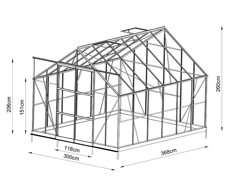 Växthus glas 3x3,68x2,6m med bas och takdekoration, 11,04m², Svart - Image 10
