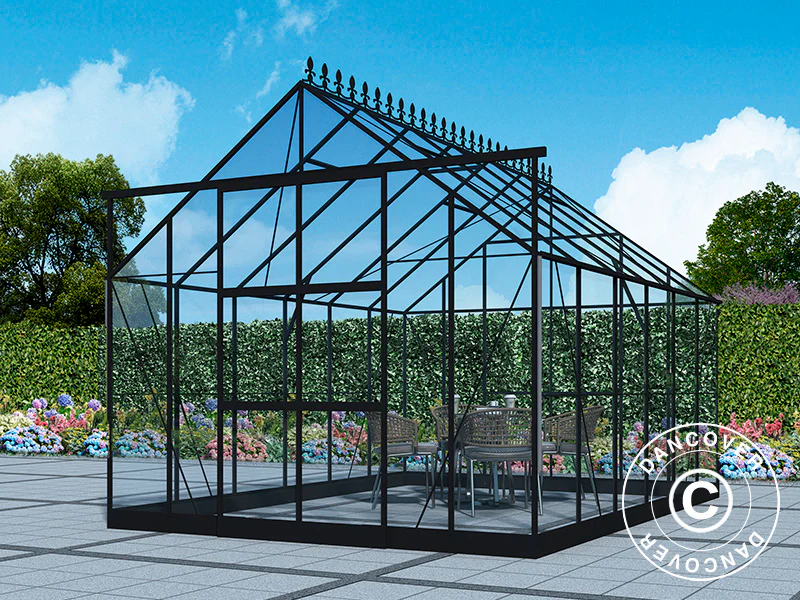 Växthus glas 3x3,68x2,6m med bas och takdekoration, 11,04m², Svart - Image 2