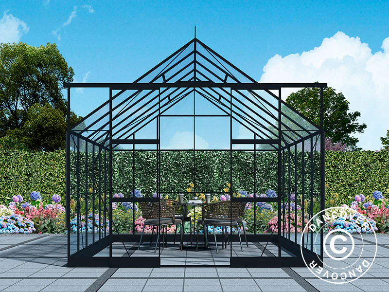 Växthus glas 3x3,68x2,6m med bas och takdekoration, 11,04m², Svart - Image 5