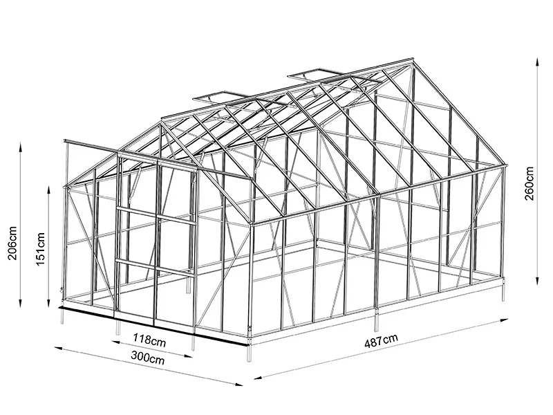 Växthus glas 3x4,87x2,6m med bas och takdekoration, 14,61m², Svart - Image 10
