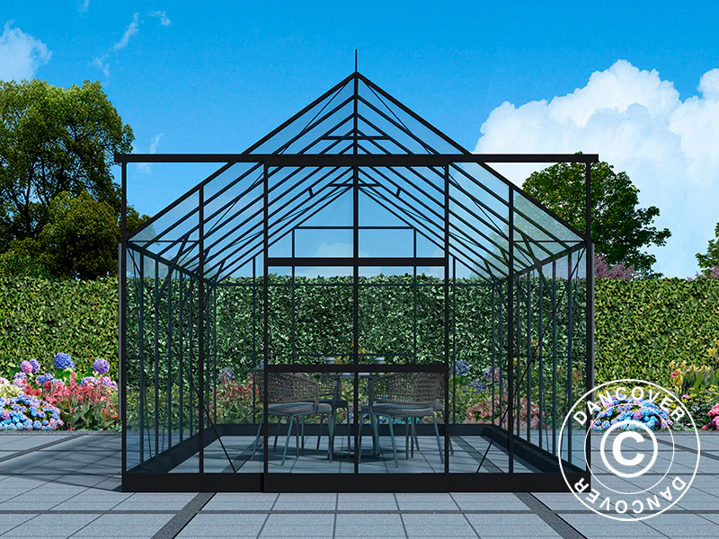 Växthus glas 3x4,87x2,6m med bas och takdekoration, 14,61m², Svart - Image 4